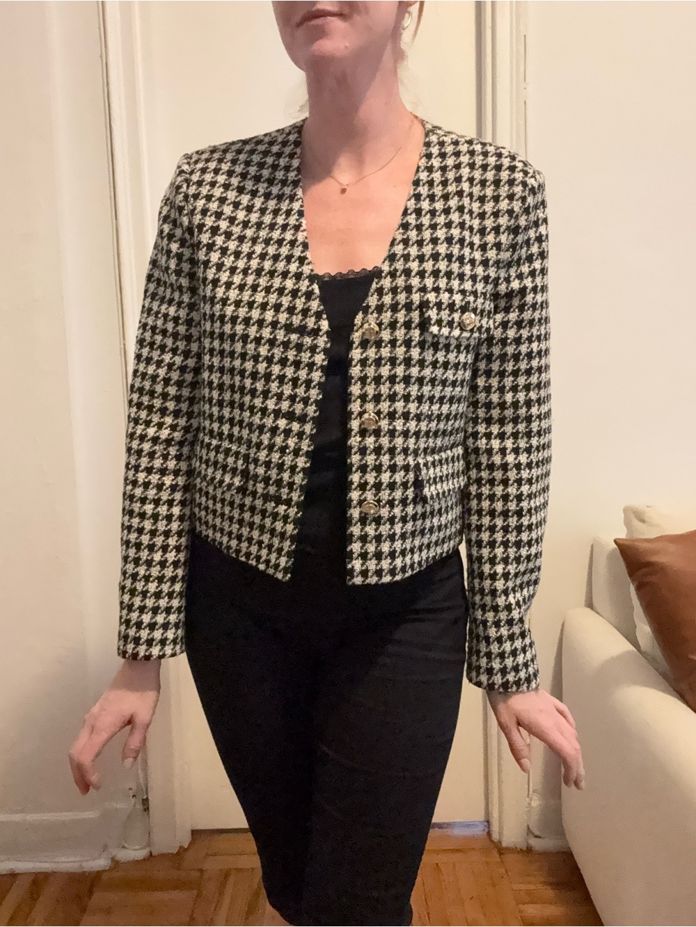 Anine Bing Black & White Houndstooth Cropped Blazer